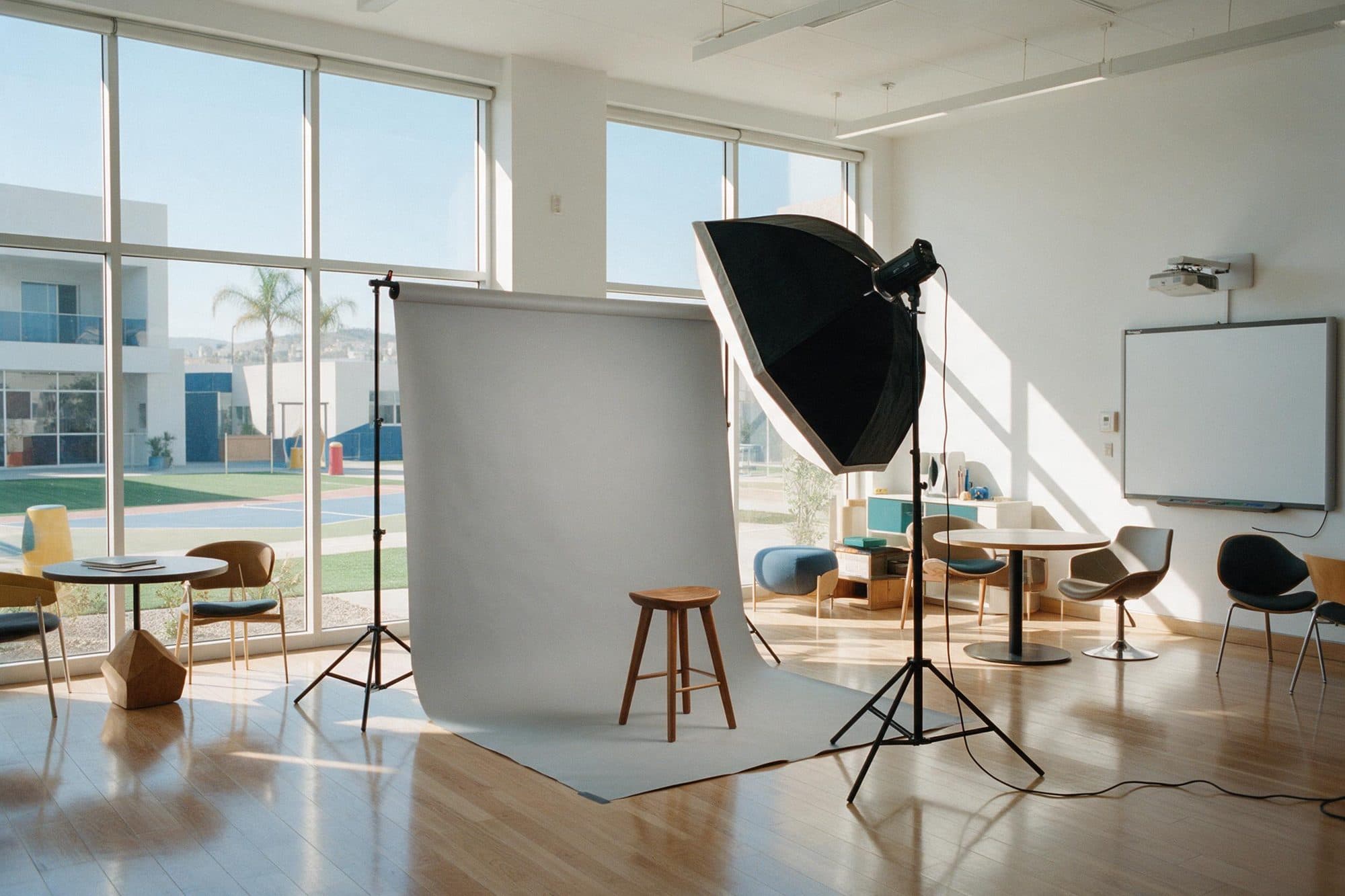 Estudio de fotografía montado dentro de un salón del colegio