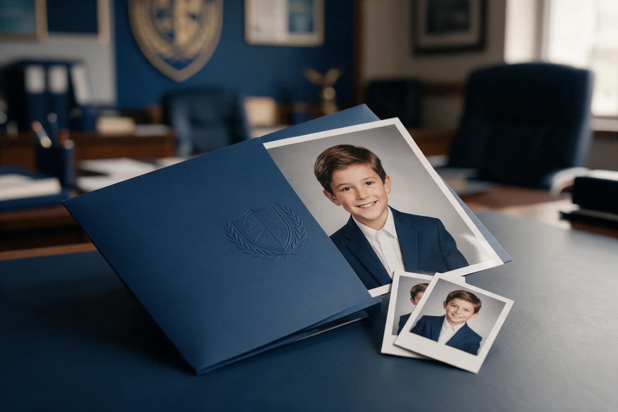 Fólder personalizado con el logo del colegio, con las fotos del alumno dentro